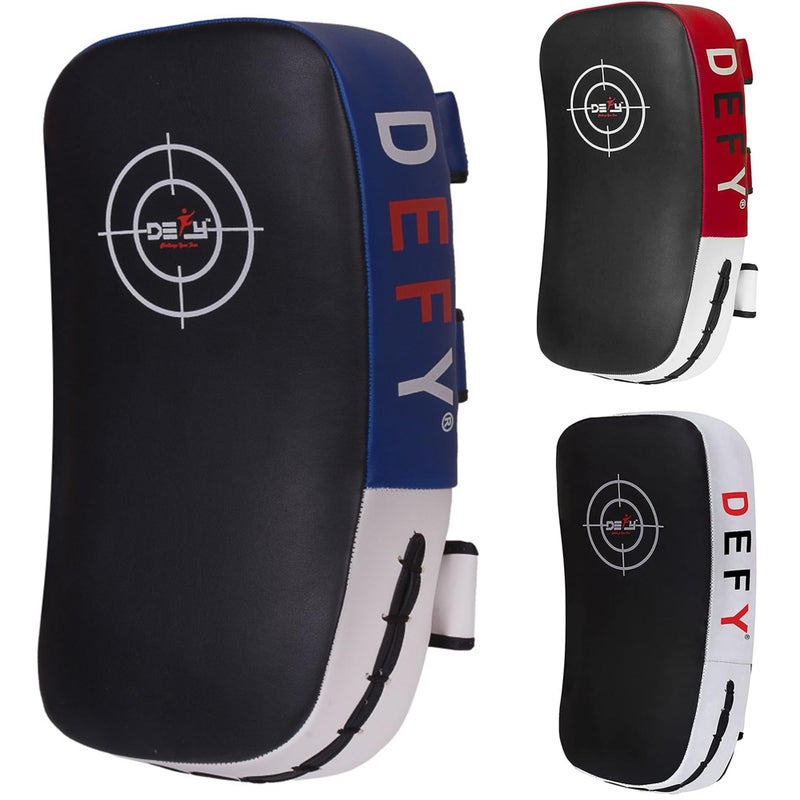 DEFY Challenge Your Fear Defy Sports - Curved Leather Thai Pads with Enhanced Shock Absorption - Double-Layered Buckle Straps for Superior Fit - Lightweight & Durable Kick Pad for Boxing, Karate & MMA Training - 1 Pad - Blue - Image 1